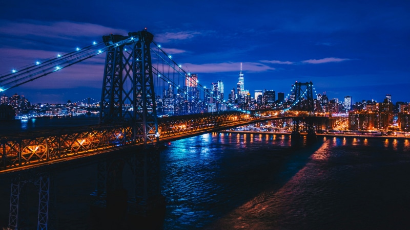 city, united states, manhattan, water, cityscape, bridge, 4K, usa, lower manhattan, night, skyline, new york city, williamsburg bridge, sky, metropolis