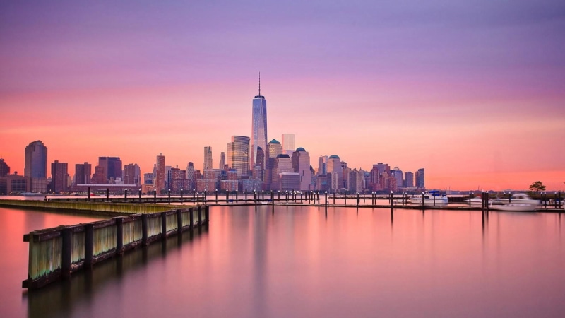 sky, metropolitan area, sunrise, new york, lower manhattan, skyline, purple sky, cityscape, skyscraper, metropolis, dawn, manhattan, 1080P, horizon, city