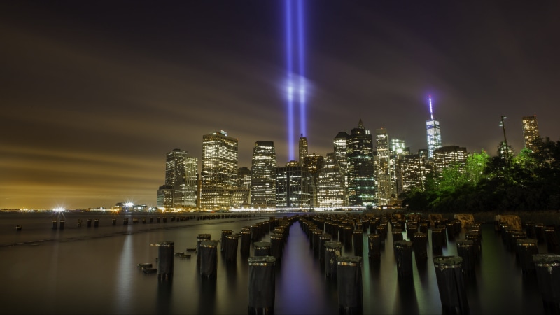 purple, united states, modern, remembrance, reflection, city, tower, memorial lights, manhattan, building, office building exterior, twin towers, new york