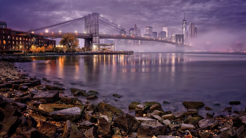 manhattan, misty, river, skyline, lower manhattan, brooklyn bridge, purple cityscape, united states, new york city, cityscape, 1080P, bridge, nyc, new york