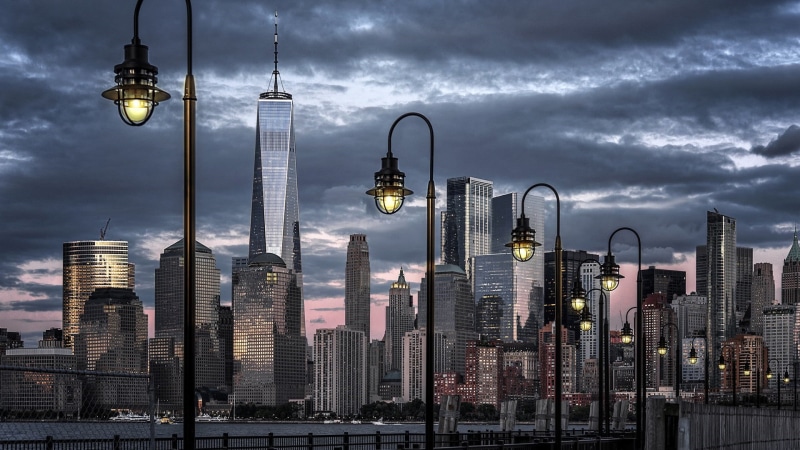 hudson, modern, street, building exterior, liberty park, hudson river, tall - high, spire, daytime, architecture, residential district, built structure