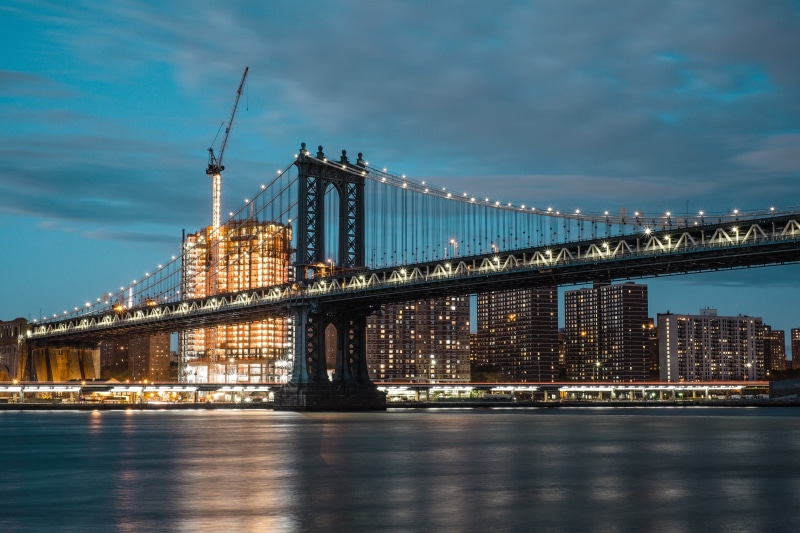river, bridge, famous Place, blue skies, architecture, uSA, new York State, Magic, Brooklyn Bridge Park, buildings, Manhattan Bridge, urban Skyline, brooklyn Bridge