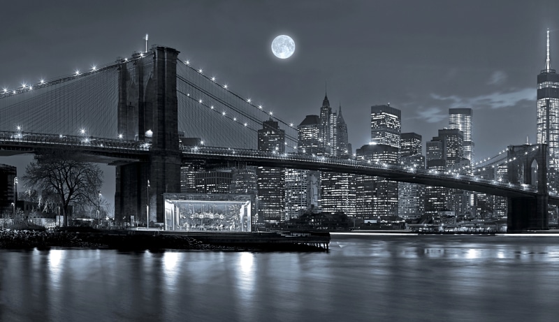 office building exterior, USA, illuminated, reflection, manhattan Financial District, manhattan - New York City, york, black and white, connection, bridge