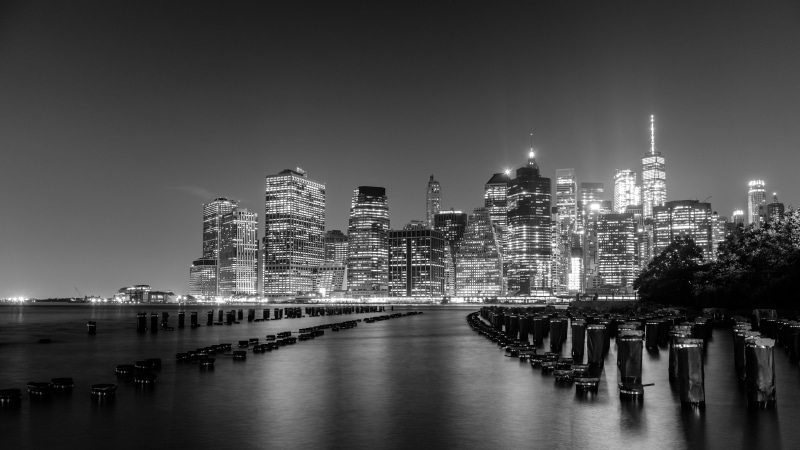greyscale, 5K, calm, nighttime, skyscraper, monochrome, black And White, manhattan, river, urban Skyline, bw, overlooking, famous Place, manhattan - New York City