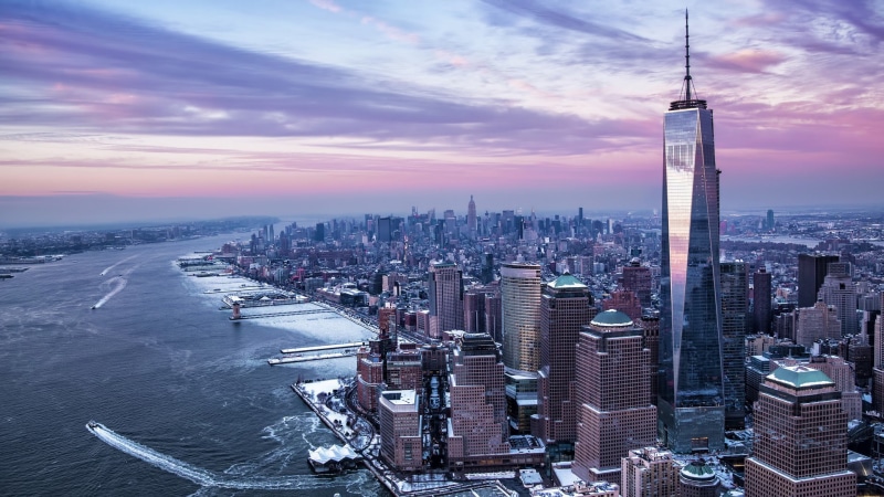Hudson River, architecture, snow, dom Tower, New York City, winter, skyscraper, river, city, sunset, 1080P, building, ship, Manhattan, One World Trade Center