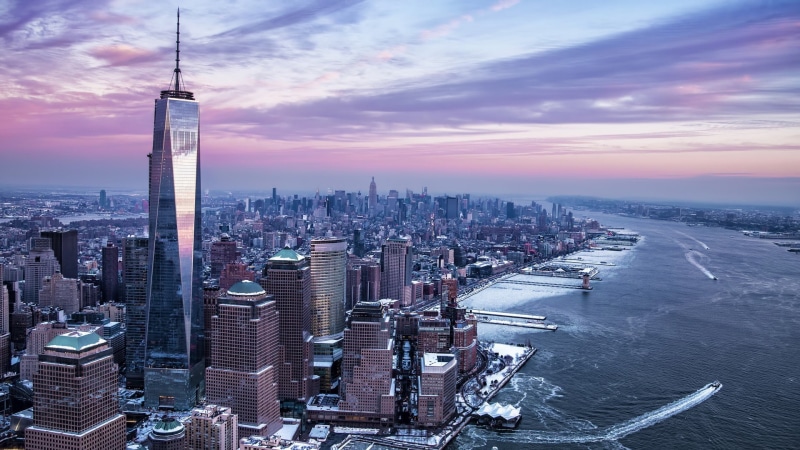 1080P, Hudson River, city, New York City, One World Trade Center, dom Tower, winter, USA, Manhattan, river