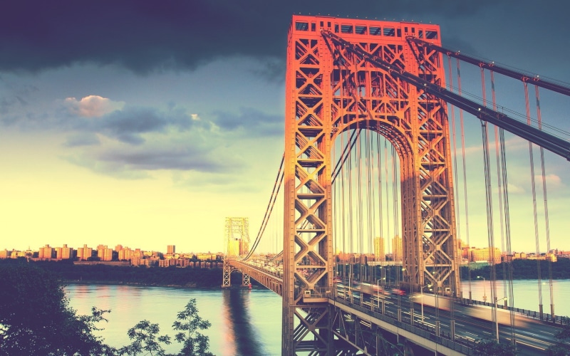 cloud - sky, suspension bridge, 720P, travel destinations, building exterior, engineering, bridge, office building exterior, skyscraper, outdoors, George Washington Bridge