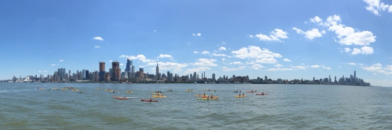 hudson, panoramic, hudson river, skyline, built structure, landmark, kayaks, architecture, 1080P, mode of transportation, harbor, city, america, landscape