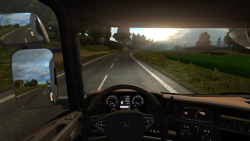 steering wheel, windshield, nature, sky, glass - material, car, motor vehicle, indoors, transparent, land vehicle, 720P, control panel, travel, road, Truck