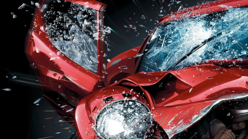 outdoors, mode of transportation, windshield, 1080P, land vehicle, cracked, headlight, wrecked, vehicle, day, shiny, motor vehicle, red, chrome, no people