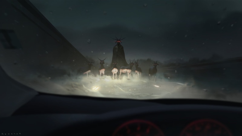 1080P, dark fantasy, land vehicle, windshield, fantasy art, motor vehicle, nature, one person, horns, artwork, real people, glass - material, mode of transportation