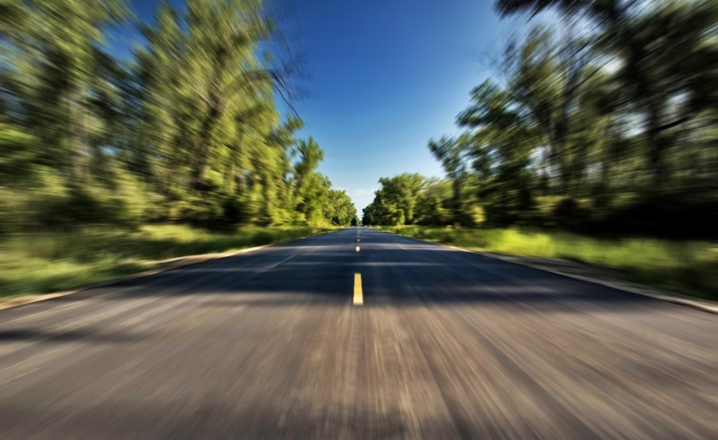 motion, car point of view, dividing line, symbol, sky, tree, transportation, landscape, 1080P, no people, road, vanishing point, road marking, land, concrete