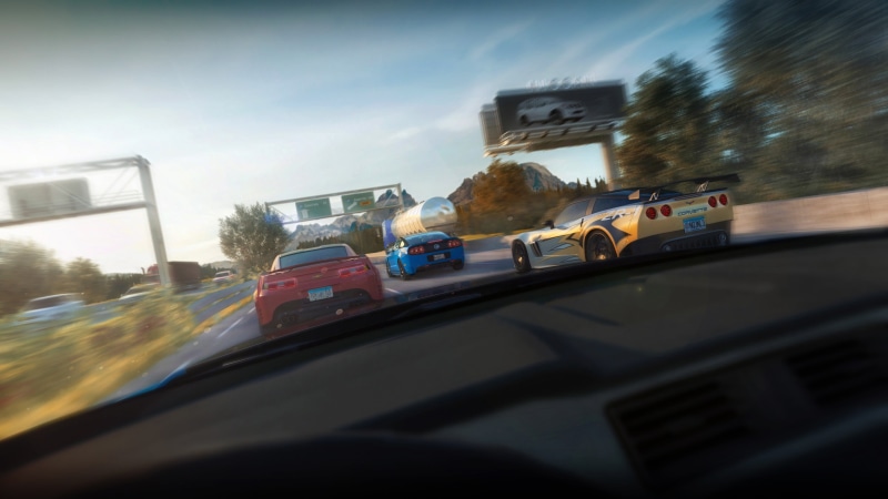 nature, mode of transportation, car point of view, road trip, motion, 3D, windshield, street, transportation, on the move, Chevrolet Corvette, travel, Ford Mustang