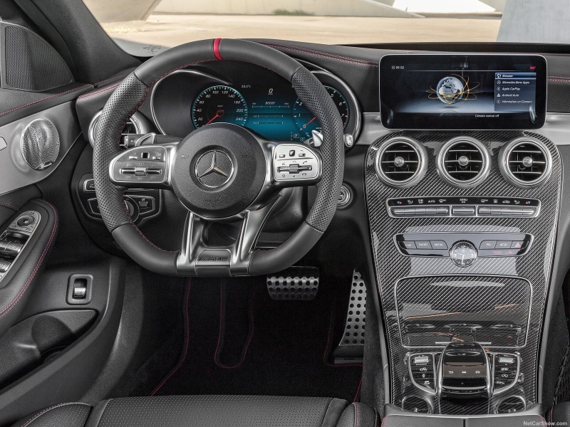 transportation, motor vehicle, 2019 Mercedes-Benz C43 AMG 4Matic, close-up, mode of transportation, 720P, technology, control, luxury, indoors, modern
