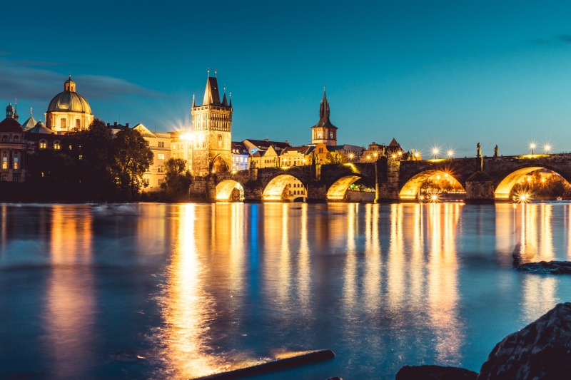 lights, old, streets, river, connection, outdoors, vltava, czech republic, arch bridge, vltava river, prague, water, castle, illuminated, dusk, bridge