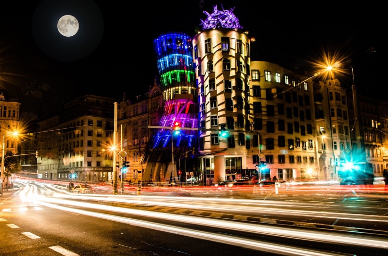 Prague, Tančící dům, building, Česká republika, Czech, city, exposure, Dancing House, architecture, republic, Czech Republic, lights, Praha, road, office