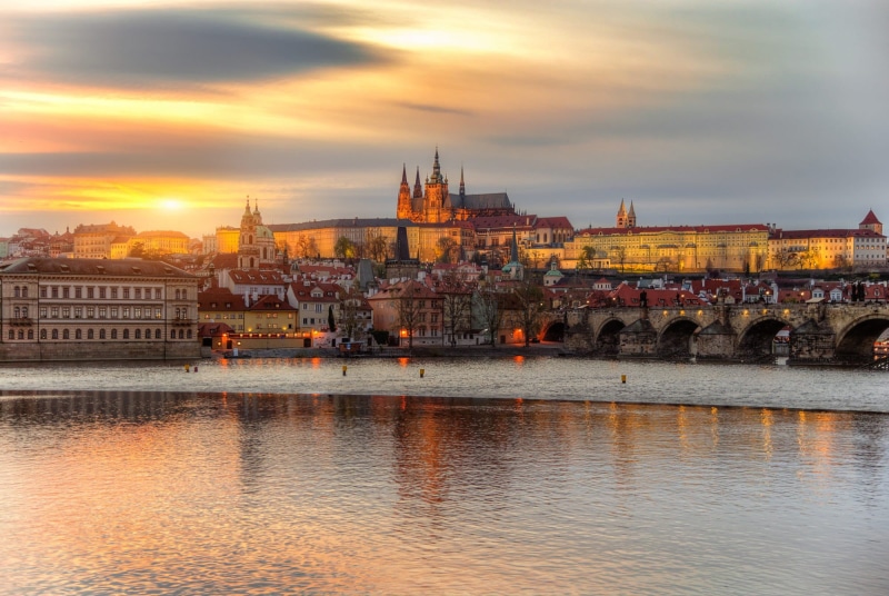 sky, city, white, Czech Republic, concrete, religion, outdoors, bridge, built structure, building, architecture, sunset, cloud - sky, waterfront, Charles Bridge