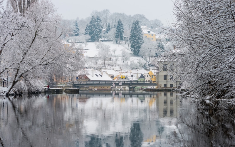 czech, river Vltava, trees, covered, snow, Prague, Czech Republic, winter, republic, 1080P