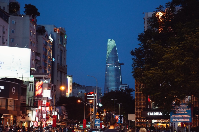 built structure, building, tree, outdoors, skyscraper, saigon, city, vietnam, transportation, nature, light, modern, tall - high, 5K, sky, night, building exterior