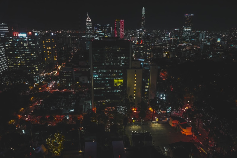 tall - high, nightscape, architecture, outdoors, urban skyline, cityscape, vietnam, city, modern, night, office building exterior, photo, high angle view
