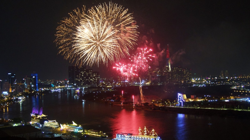 nature, water, firework, ho chi minh city, city, lighting, cityscape, ho chi minh, no people, illuminated, 4K, exploding, waterfront, building exterior