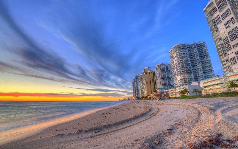 home, seashore, city, concrete, vice city, evening, Florida, beach, 2K, Vysotka, near, Sunset, Miami, Ocean, grey, buildings