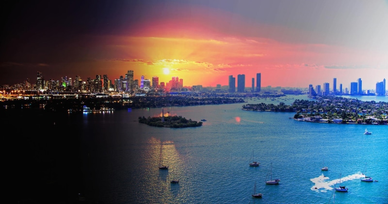 aerial, water, lights, evening, body, Miami, panorama, 1080P, Florida, photo