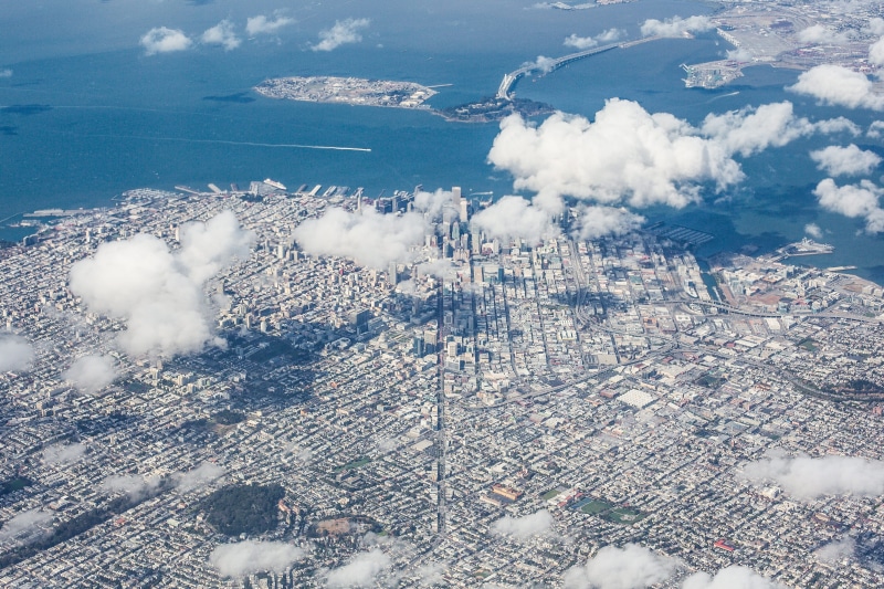 Aerial View, cityscapes, ocean, landscape, clouds, california, cloud - Sky, birds eye, san francisco, air, bay area, bay, travel, scenics - nature, scenics