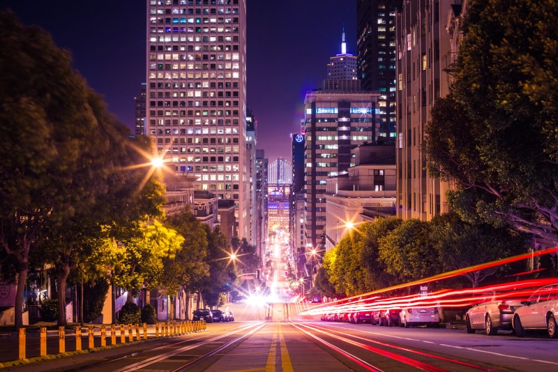 sf, light trail, city life, financial district, traveling, dark, francisco, night, cityscape, city lights, city, traveler, motion, roads, san francisco