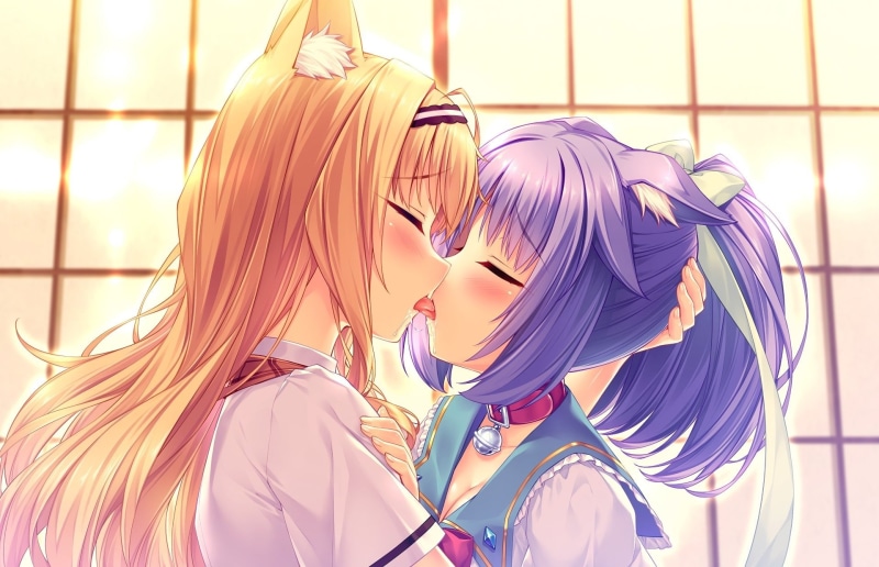 Kiss, headshot, Anime, females, togetherness, representation, hairstyle, real people, 1080P, focus on foreground, adult, mannequin, Yuri, female likeness