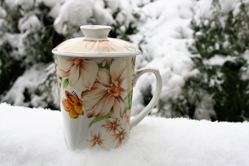 a warm drink, background, pink, the time, cold temperature, snowing, at the court of, cup, in the morning, tea, contrast, lifestyle, season, floral, relax