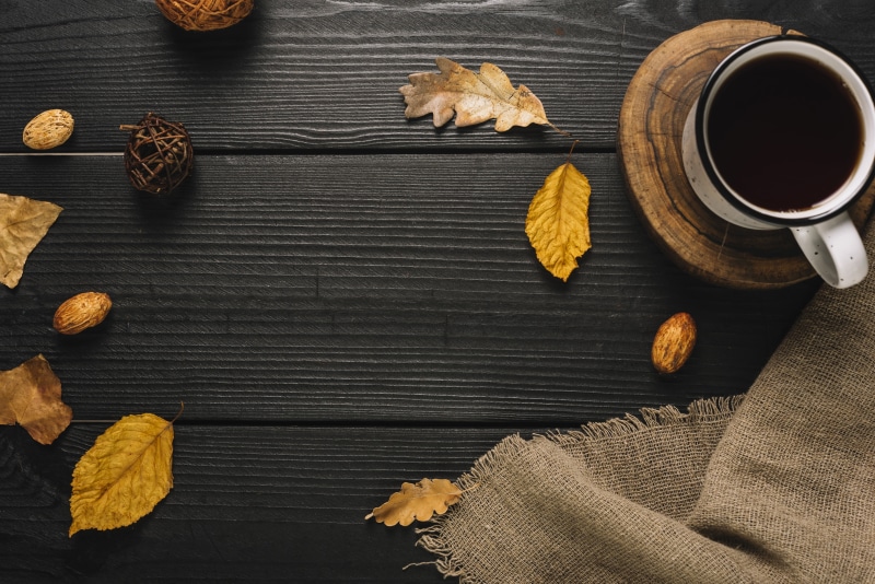 5K, leaves, Cup, wood, tree, autumn, mug, background, colorful, coffee, vintage