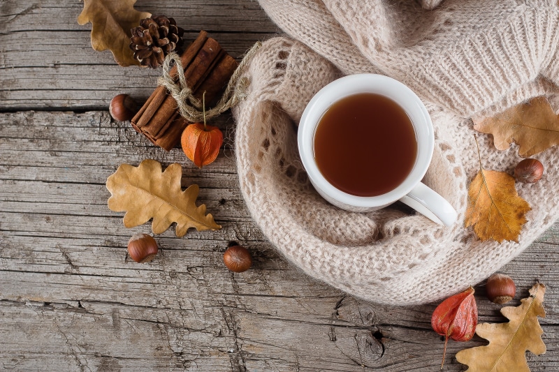 wood, colorful, background, Cup, 4K, leaves, tree, coffee, autumn