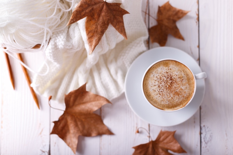 maple, background, coffee, cup, wood, leaves, scarf, a Cup of coffee, colorful, 5K, autumn