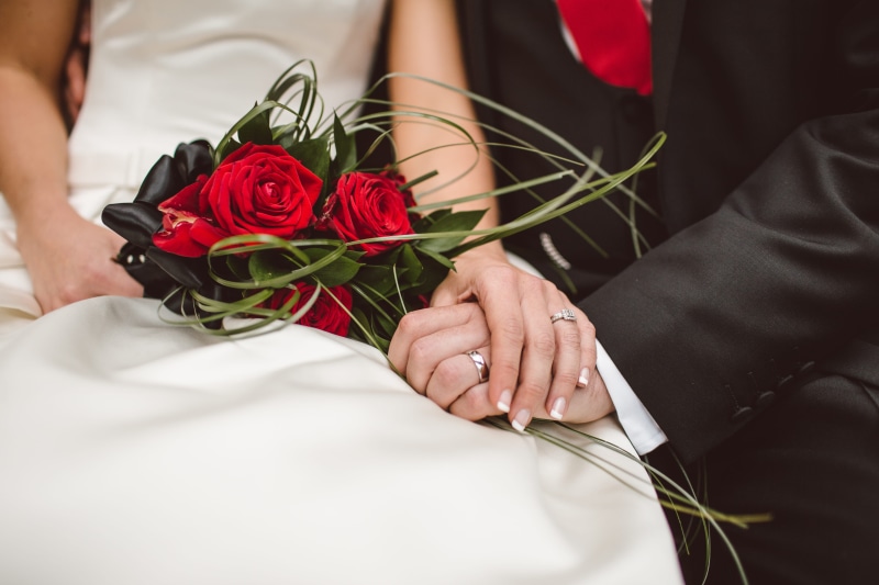 women, positive emotion, flowers, green, holding, adult, plant, suit, hand, event, bouquet, flower arrangement, human hand, love, groom, man, bokeh, wedding ceremony