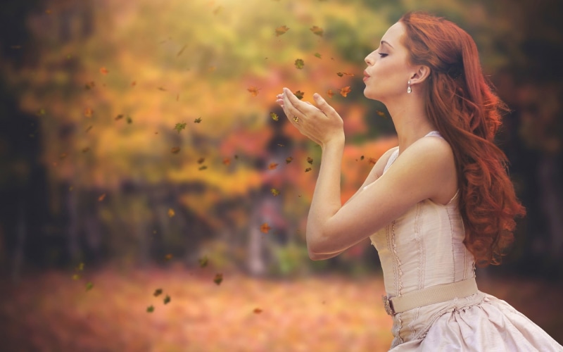 Leaves, Red, Hair, Girl, Autumn, 1080P