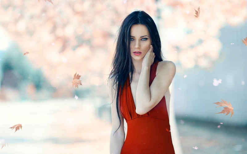 Hair, Long, Leaves, Girl, Autumn, Red, Dress, 1080P, Falling