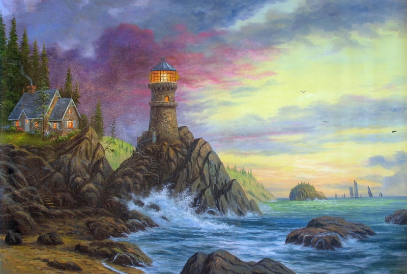 ocean, thomas, house, decor, wavesthomas kinkade, evening, lighthouse, 3d and ab, sunset, painting, 1080P, rock, kinkade