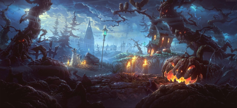 Halloween, Holiday, castle, 4K, 31 October, pumpkin host, forest