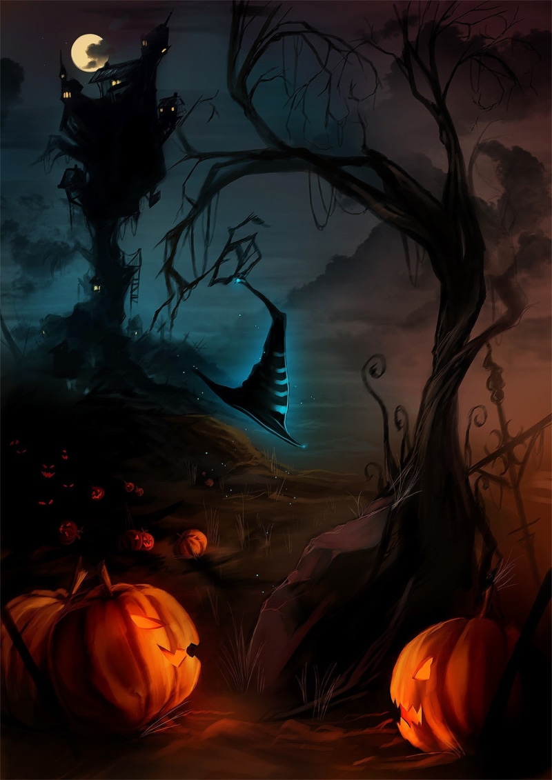 dark, holiday - event, fear, pumpkin, tree, food, horror, orange color, no people, lighting equipment, illuminated, 720P, nature, jack o lantern, spooky