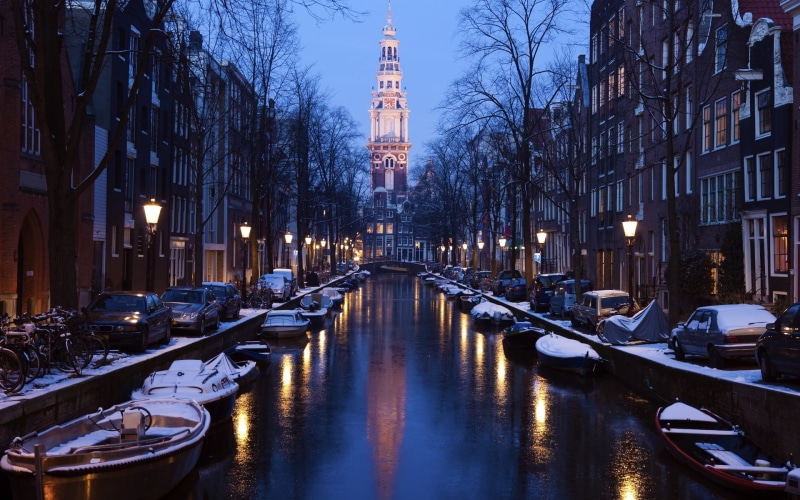 city, nature, urban, water, building exterior, illuminated, tree, built structure, Amsterdam, architecture, canal, winter, building, transportation, tower