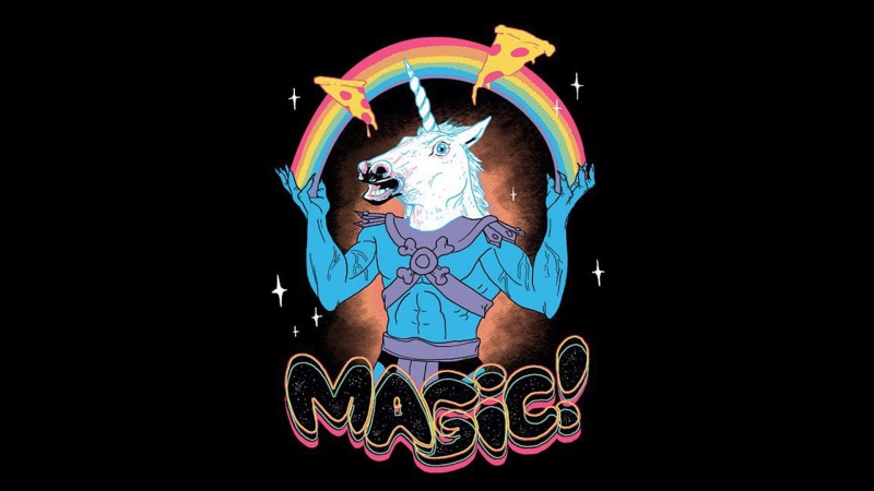 pizza, multi colored, unicorns, art, portrait, He-Man, one person, creativity, looking at camera, paint, studio shot, magic, arts culture and entertainment