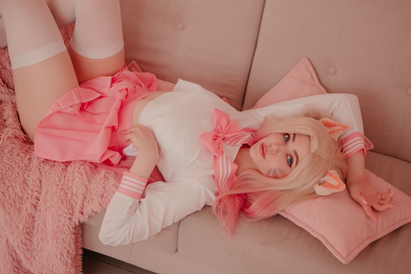 women, blonde, video games, schoolgirl uniform, long hair, white clothing, Alina Becker, schoolgirl, Ahri, thigh-highs, skirt, indoors, cosplay, pink clothing