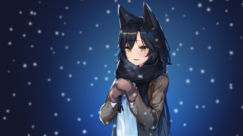 long hair, 4K, League of Legends, snow, anime, animal ears, black hair, Ahri (League of Legends), anime girls, yellow eyes, Ahri