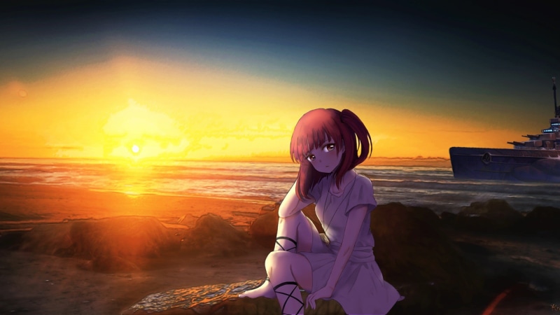 sea, three quarter length, one person, innocence, anime, female, nature, sunset, water, women, land, leisure activity, beauty in nature, lifestyles, sunlight