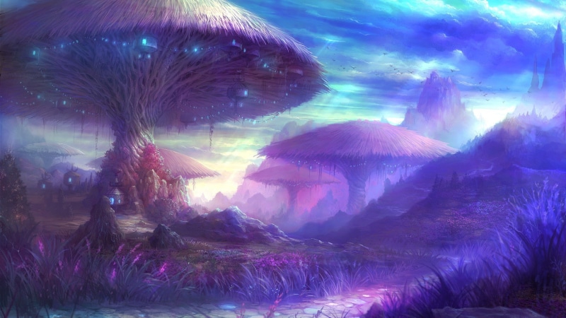 nature, non-urban scene, scenics - nature, illuminated, tranquil scene, land, water, sky, environment, mountain, outdoors, tranquility, purple, fantasy art magic mushrooms aion aion online