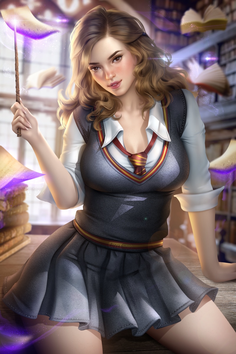 women, vertical, wands, library, looking at viewer, fictional character, sweater, magic, AyyaSAP, Hermione Granger, miniskirt, Harry Potter, portrait display