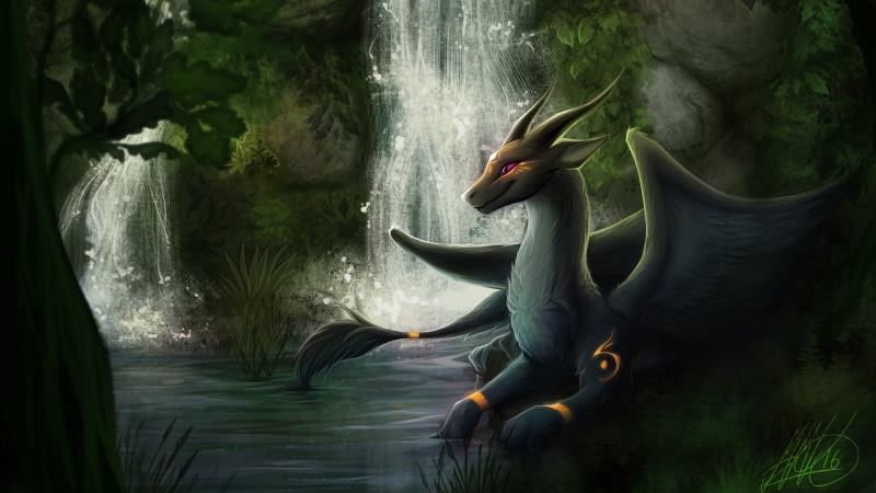 furry, 1080P, dragon, Anthro, waterfall