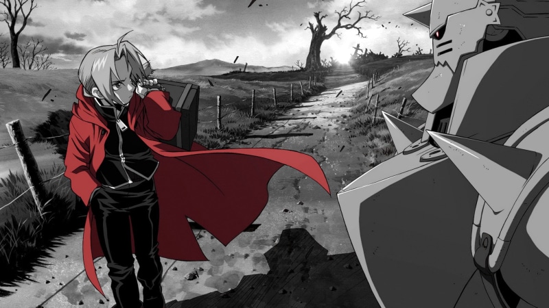 mountain, FullMetal Alchemist, 1080P, one person, land, Fullmetal Alchemist: Brotherhood, sky, air vehicle, standing, leisure activity, snow, outdoors