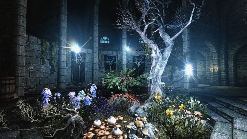 gray, tree, The Elder Scrolls V: Skyrim, built structure, nature, celebration, illuminated, religion, flowering plant, 2K, plants, trunk, architecture